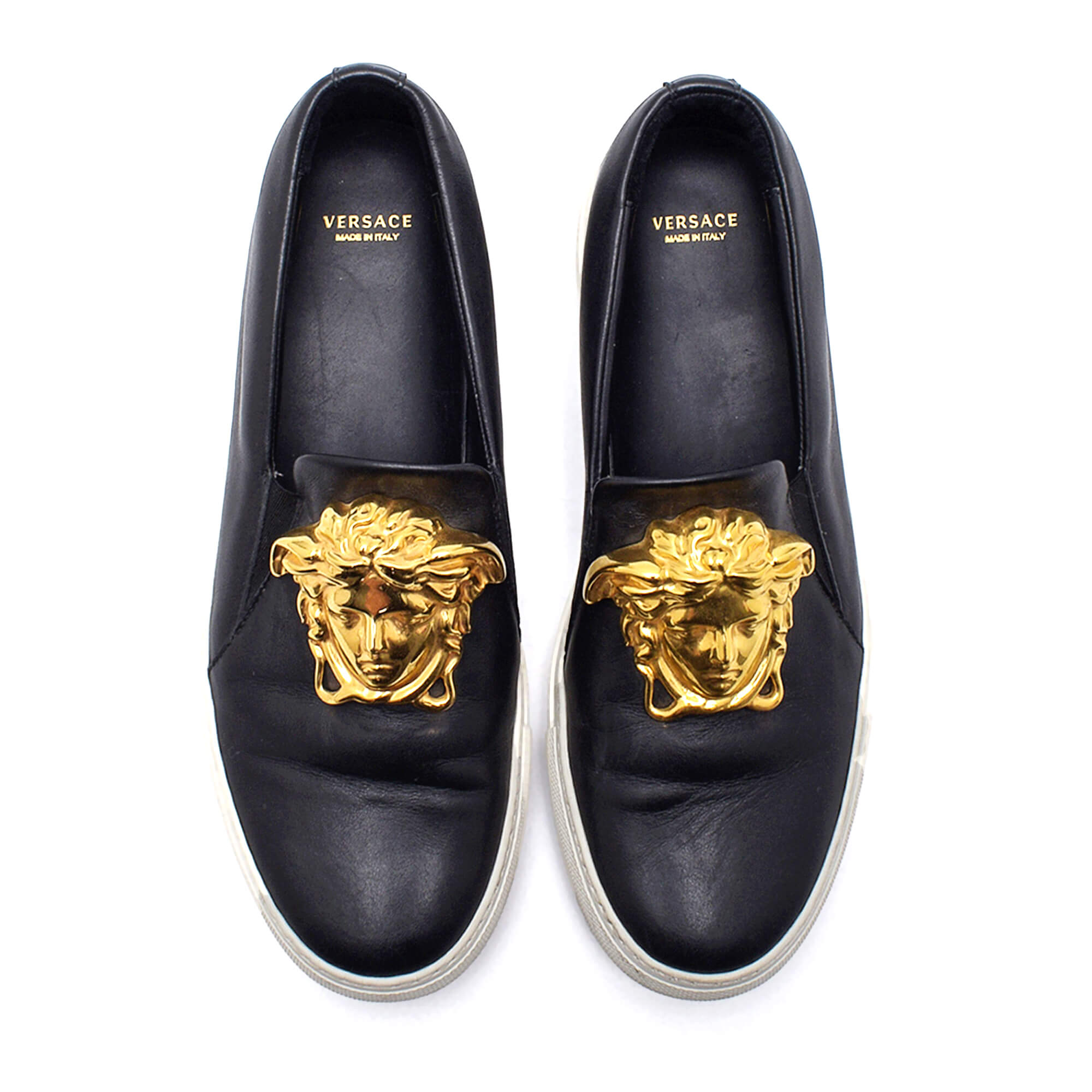 Versace - Black Leather Iconic Gold Medusa Slip On Sneakers